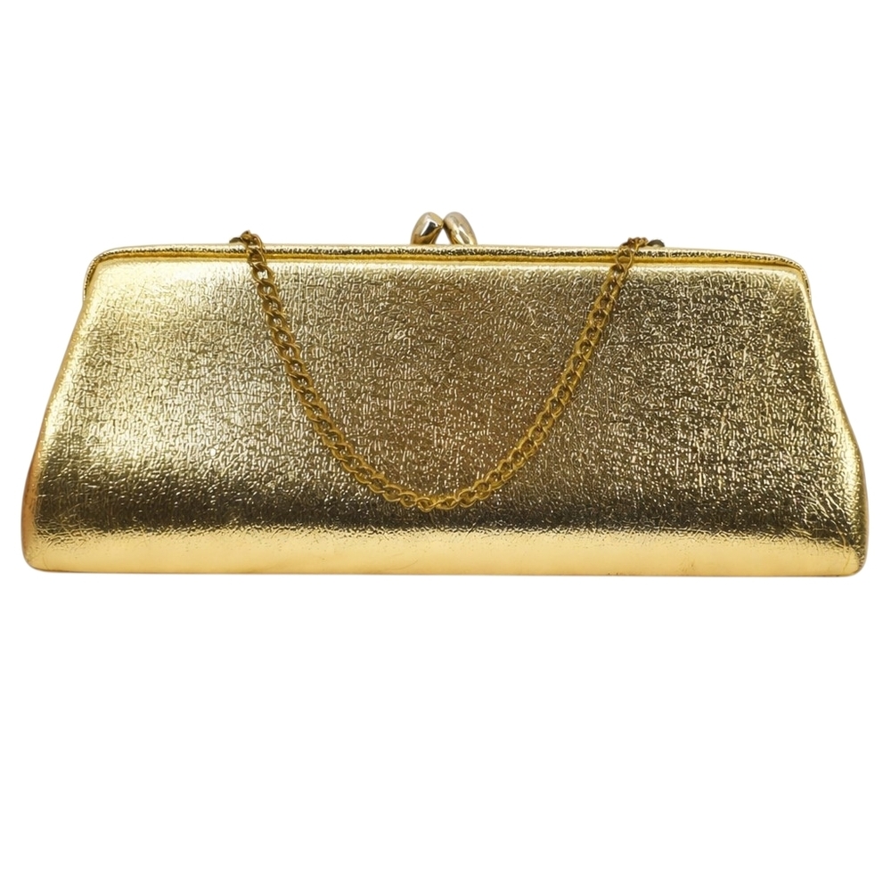 Vintage Kiss Lock Gold Metallic Clutch Purse Minimalist Evening Bag Chain Strap